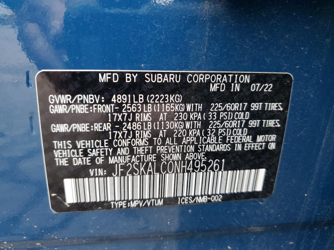 2022 Subaru Forester Wilderness VIN: JF2SKALC0NH495261 Lot: 57078315