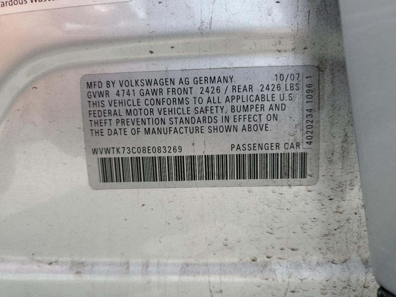 2008 Volkswagen Passat Wagon Lux VIN: WVWTK73C08E083269 Lot: 56164295