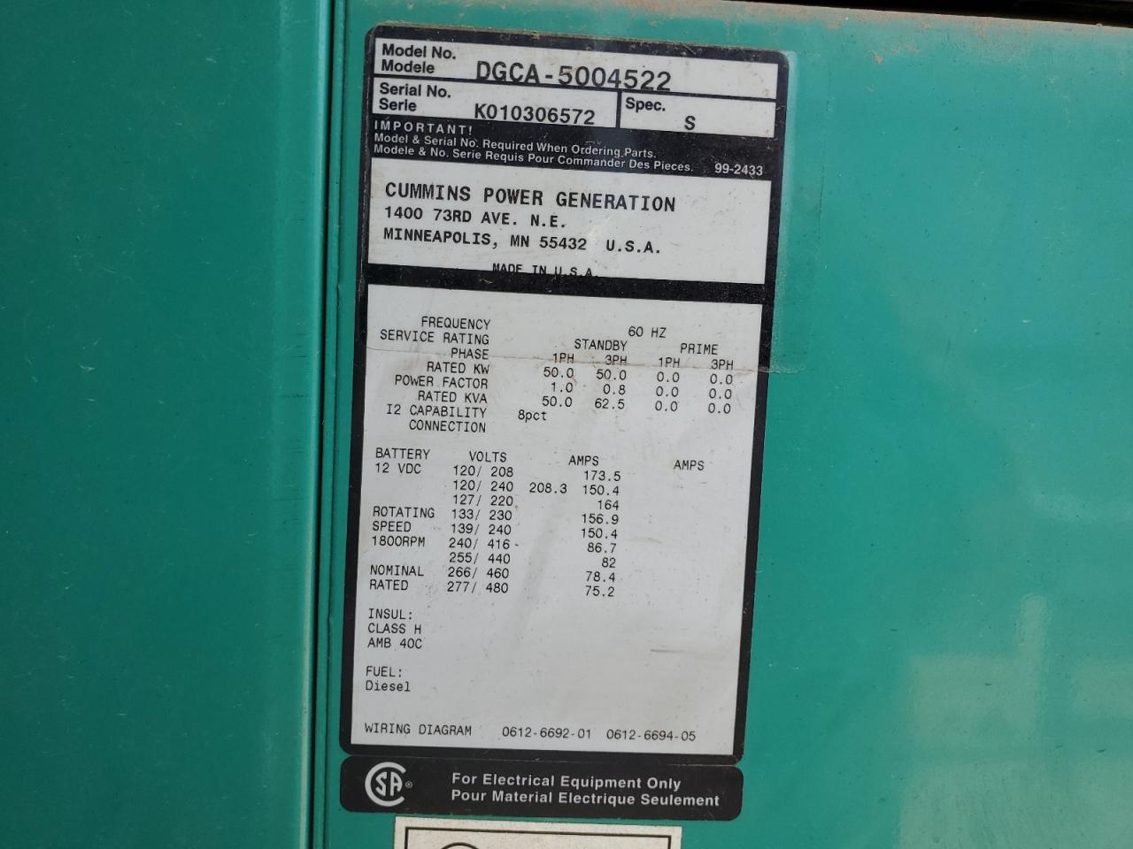 2001 Cummins Dgca-5004522 Generator VIN: 00000000012972017 Lot: 56354665