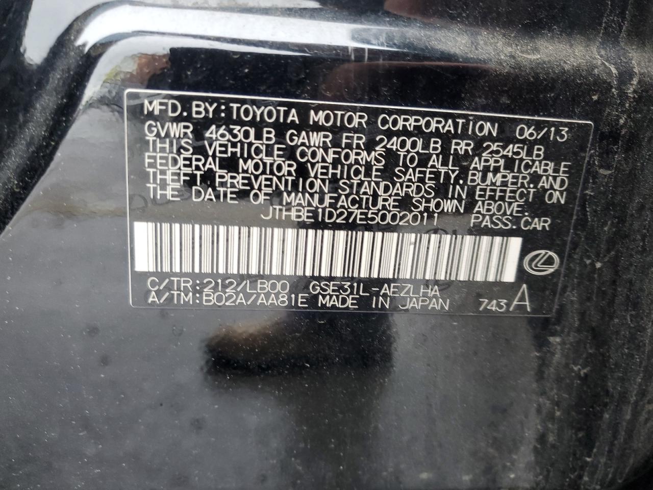 2014 Lexus Is 350 VIN: JTHBE1D27E5002011 Lot: 55762765