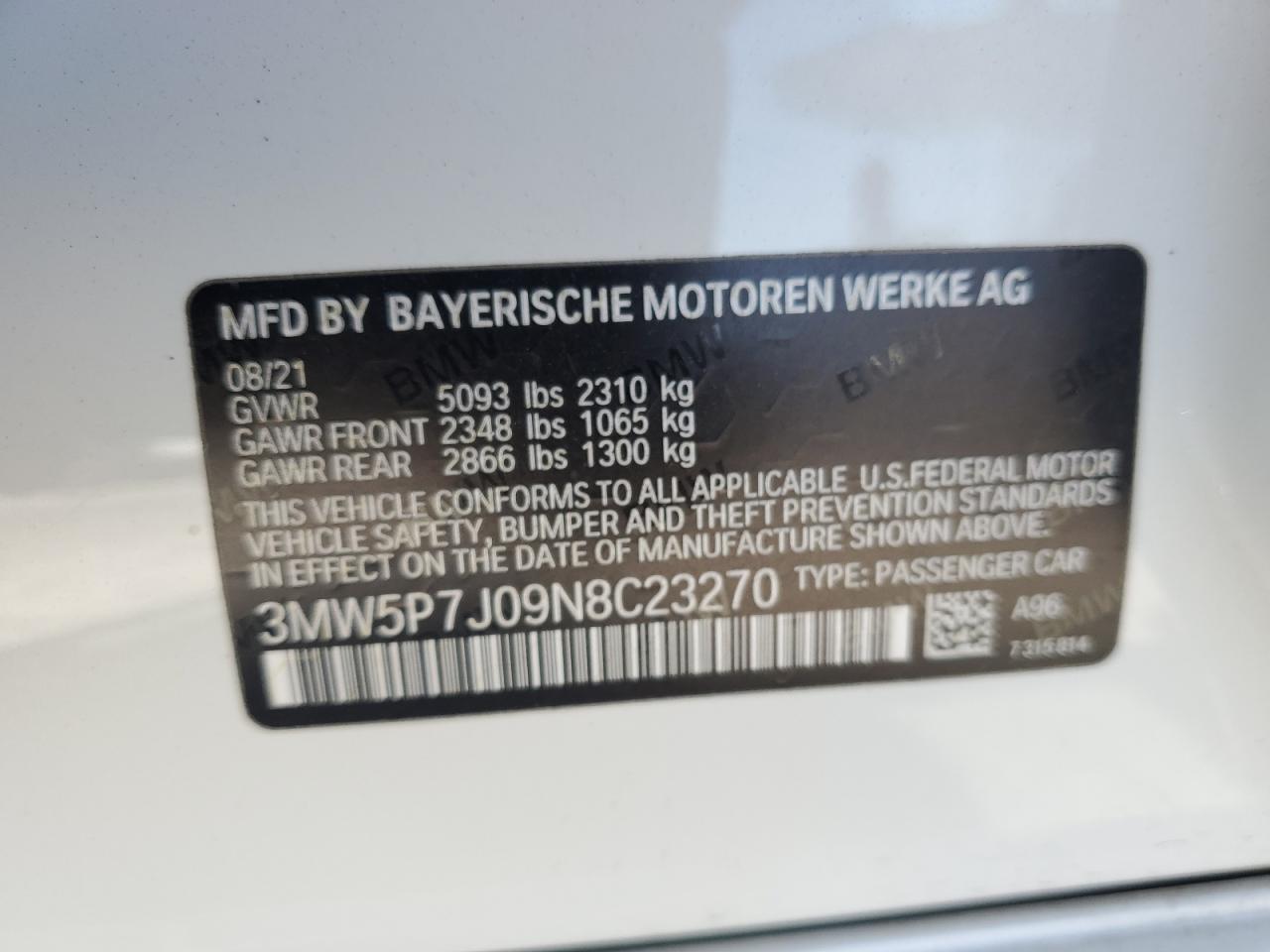 2022 BMW 330E VIN: 3MW5P7J09N8C23270 Lot: 56842195