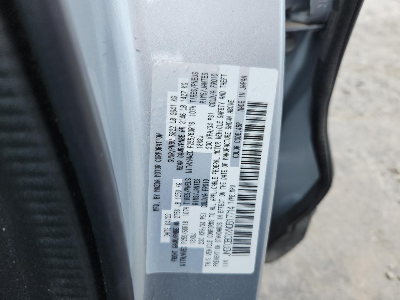 2022 Mazda Cx-9 Touring VIN: JM3TCBCYXN0617714 Lot: 57960195