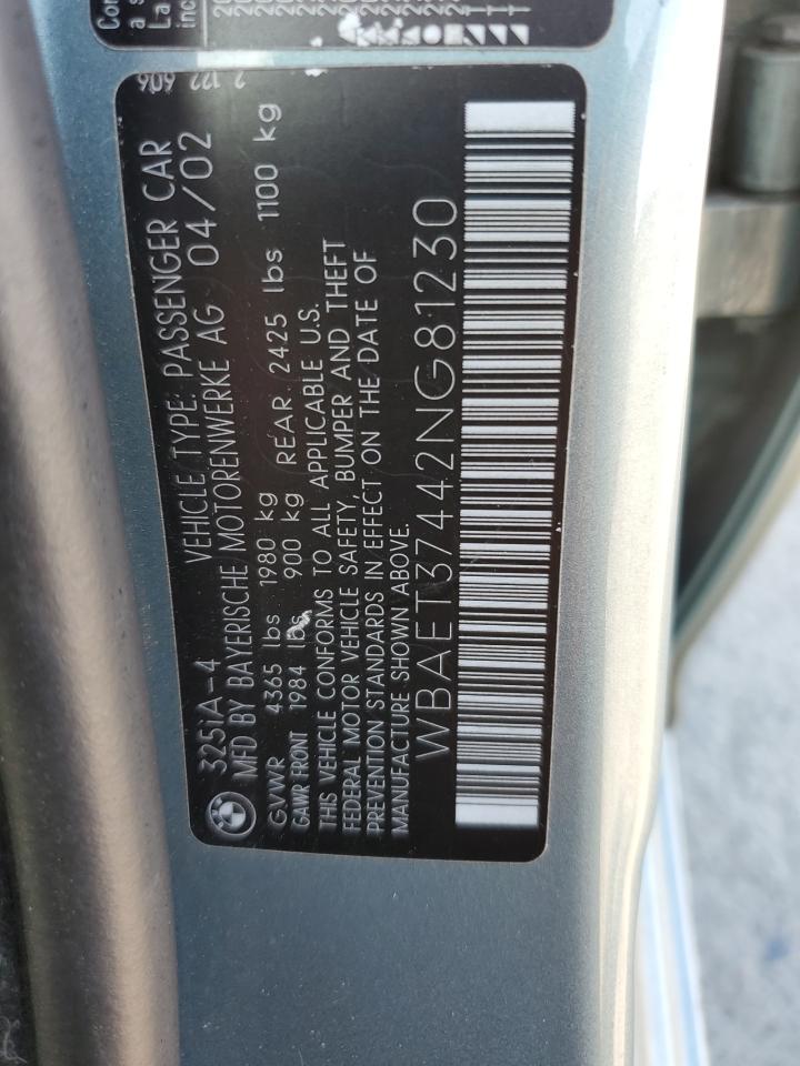 2002 BMW 325 I VIN: WBAET37442NG81230 Lot: 56713075