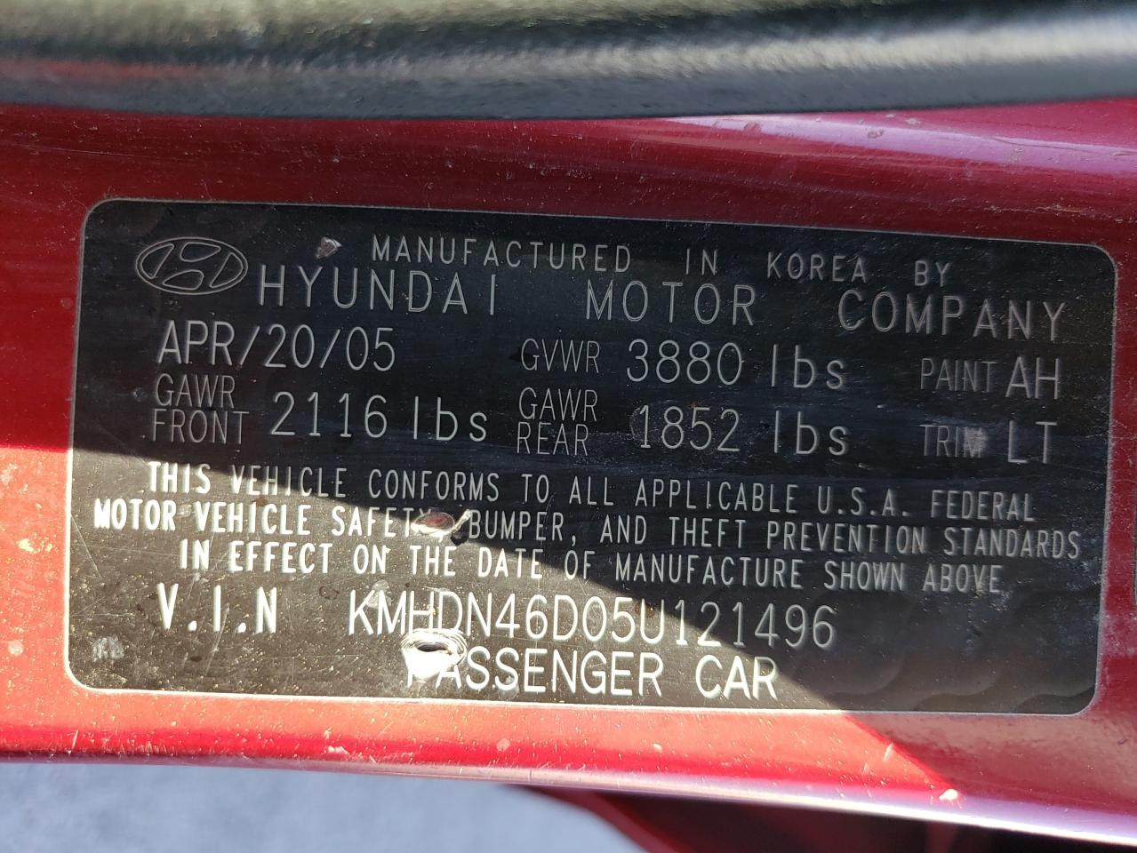 2005 Hyundai Elantra Gls VIN: KMHDN46D05U121496 Lot: 56134525