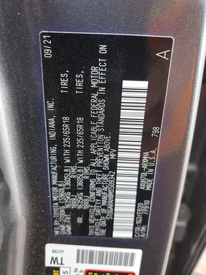 2021 Toyota Highlander Hybrid Xle VIN: 5TDGARAH8MS509342 Lot: 57177135