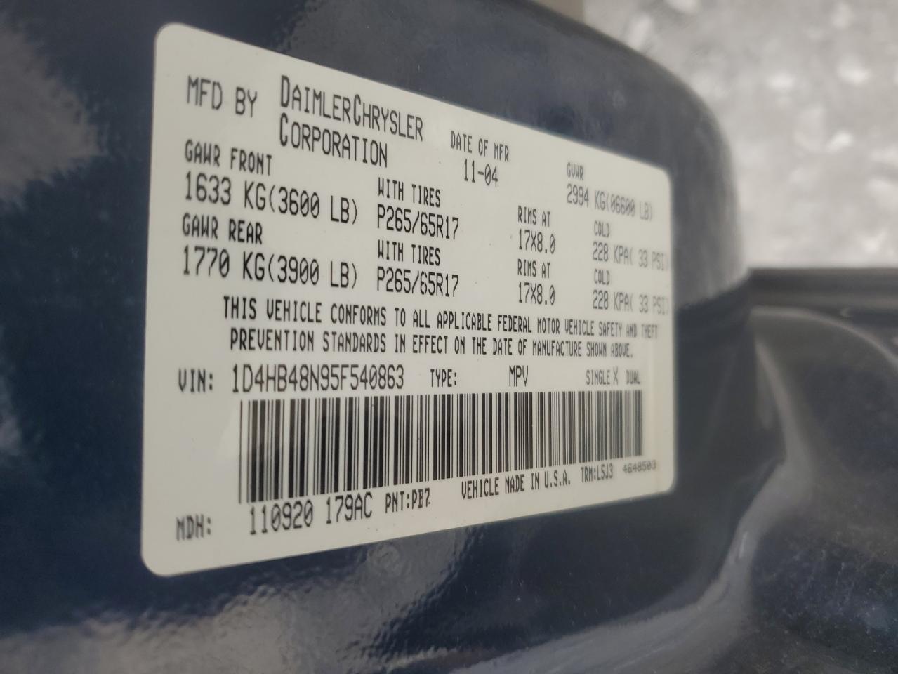 2005 Dodge Durango Slt VIN: 1D4HB48N95F540863 Lot: 56915195