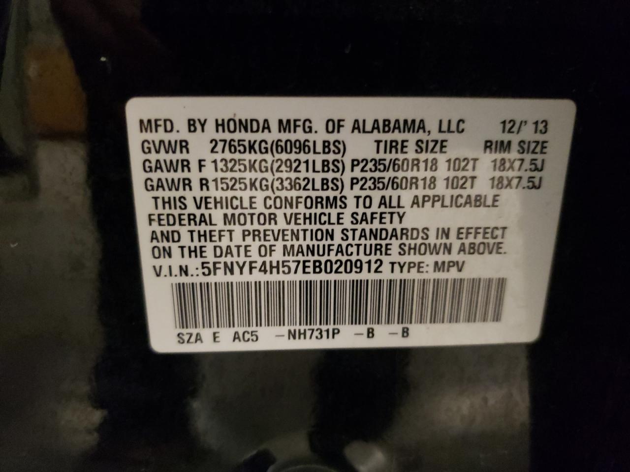 2014 Honda Pilot Exl VIN: 5FNYF4H57EB020912 Lot: 56934445