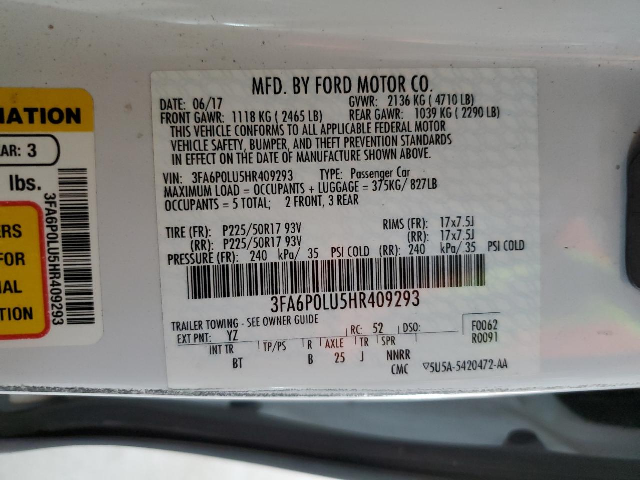 2017 Ford Fusion Se Hybrid VIN: 3FA6P0LU5HR409293 Lot: 58955325