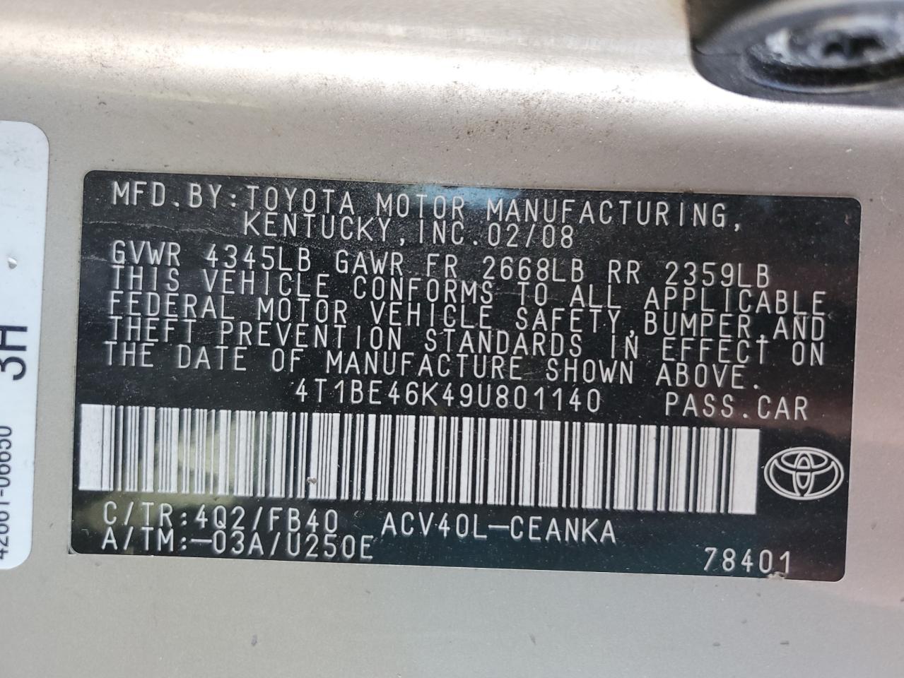 2009 Toyota Camry Base VIN: 4T1BE46K49U801140 Lot: 57162075