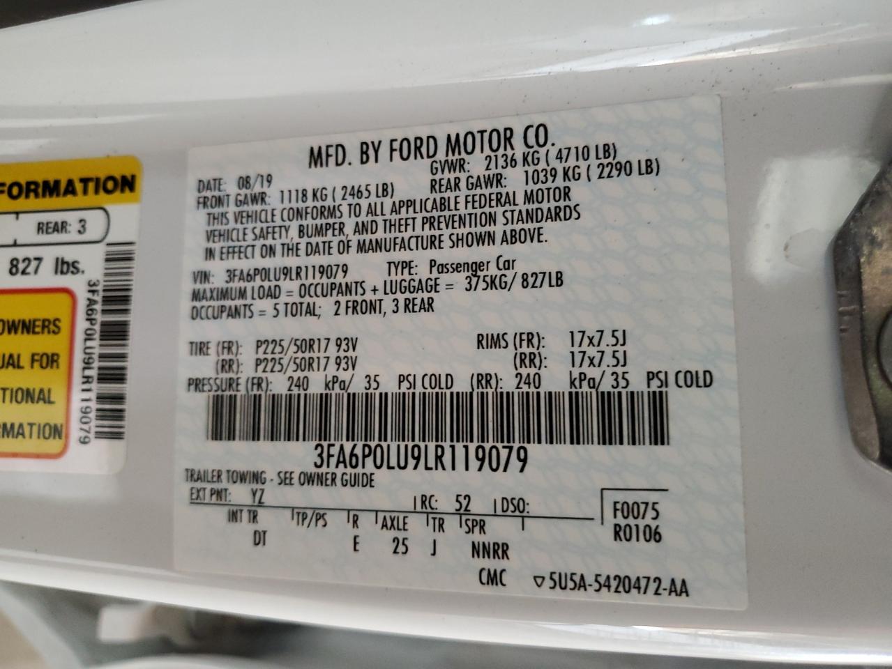 2020 Ford Fusion Se VIN: 3FA6P0LU9LR119079 Lot: 58971135