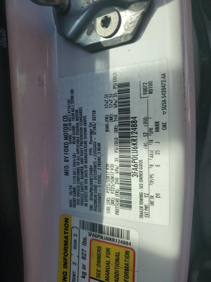 2019 Ford Fusion Se VIN: 3FA6P0LU6KR124884 Lot: 54027295