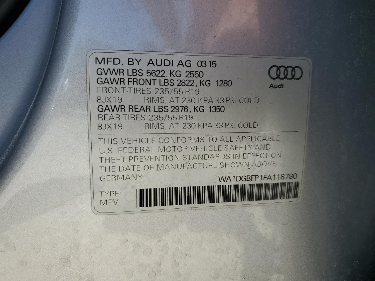 2015 Audi Q5 Premium Plus VIN: WA1DGBFP1FA118780 Lot: 56939045