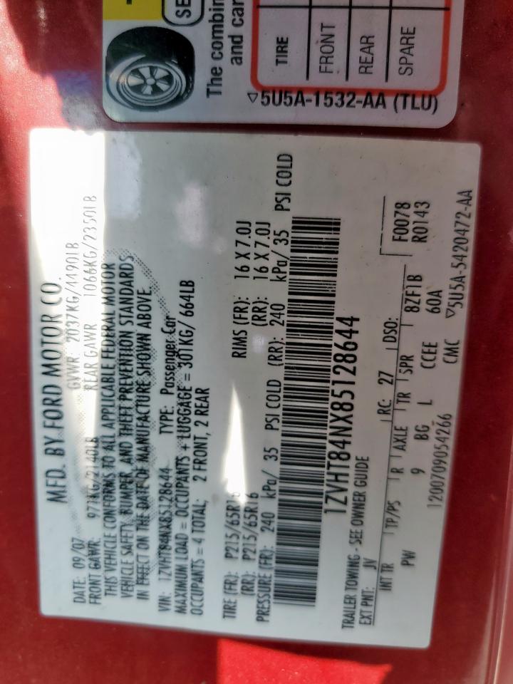2008 Ford Mustang VIN: 1ZVHT84NX85128644 Lot: 57977125