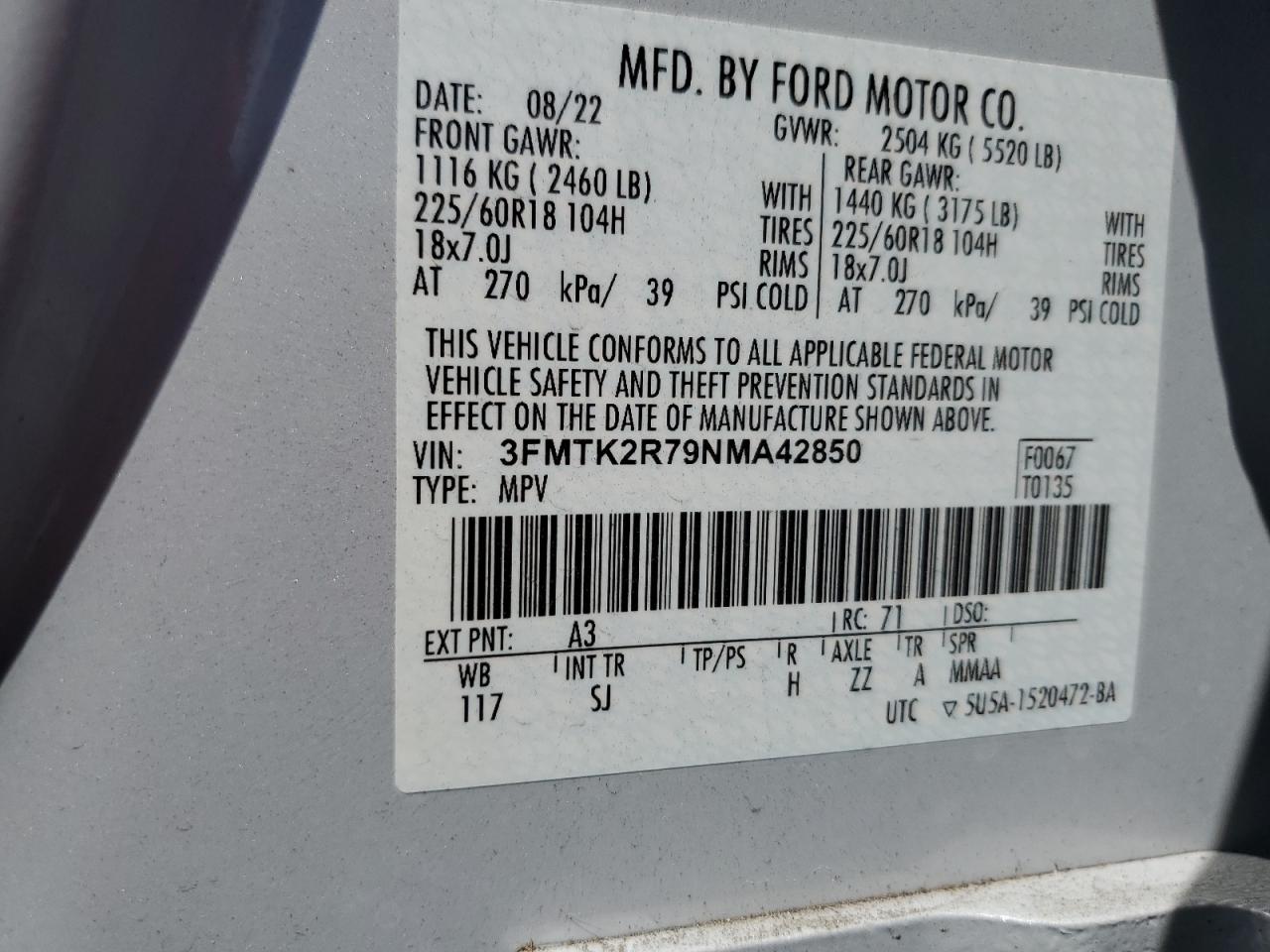 2022 Ford Mustang Mach-E California Route 1 VIN: 3FMTK2R79NMA42850 Lot: 57078135