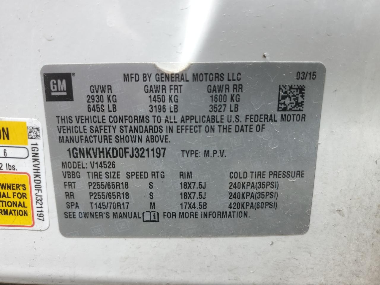 1GNKVHKD0FJ321197 2015 Chevrolet Traverse Lt