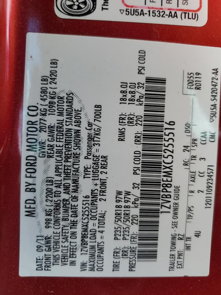 2012 Ford Mustang VIN: 1ZVBP8EMXC5255516 Lot: 54725125