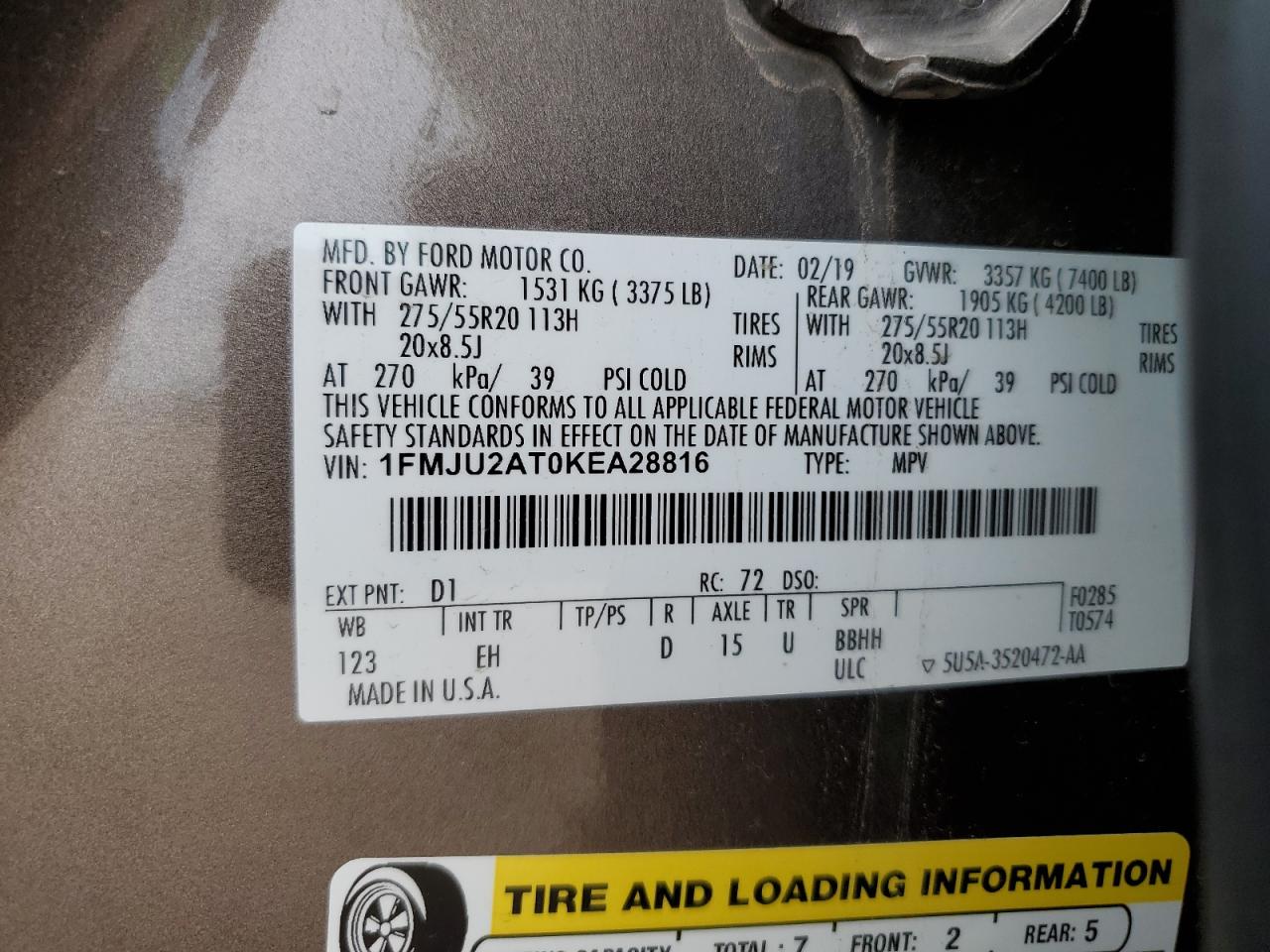 2019 Ford Expedition Limited VIN: 1FMJU2AT0KEA28816 Lot: 57854495
