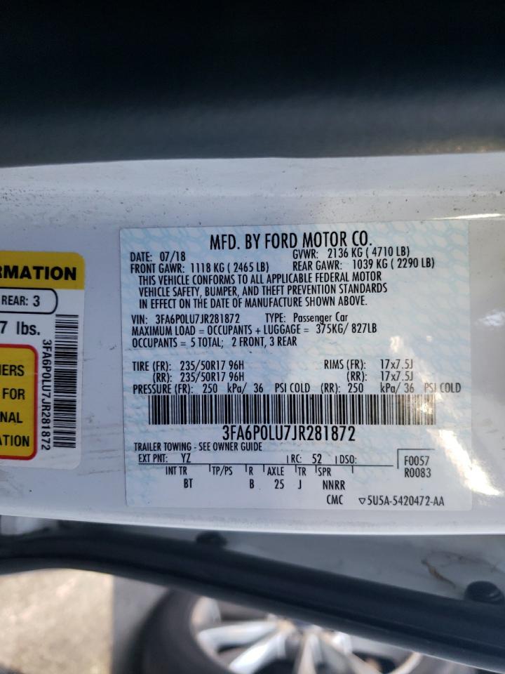 2018 Ford Fusion Se Hybrid VIN: 3FA6P0LU7JR281872 Lot: 54025445