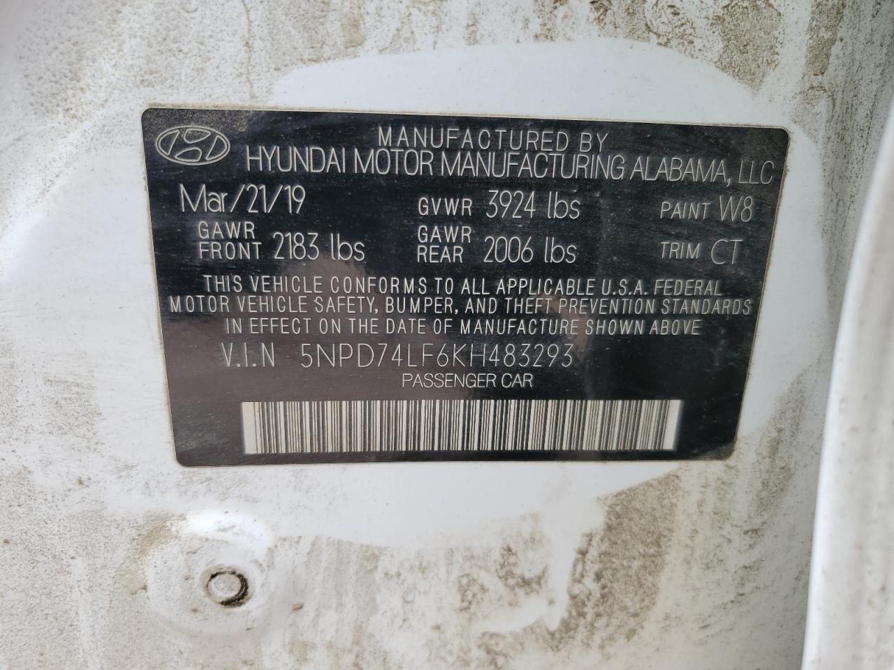 2019 Hyundai Elantra Se VIN: 5NPD74LF6KH483293 Lot: 58484535