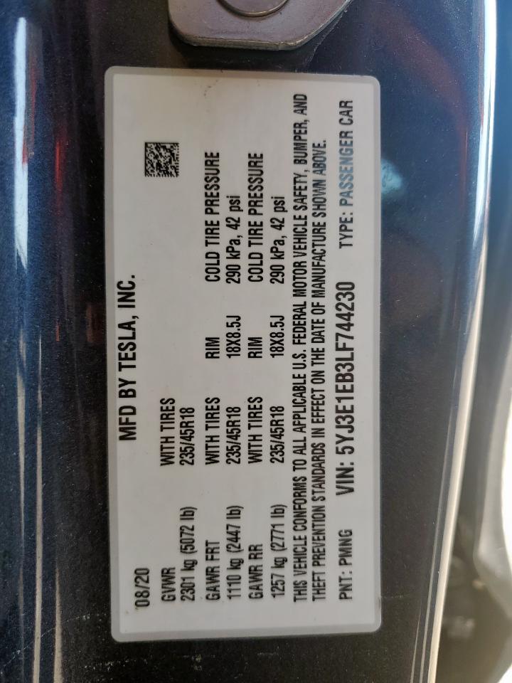 2020 Tesla Model 3 VIN: 5YJ3E1EB3LF744230 Lot: 57176955