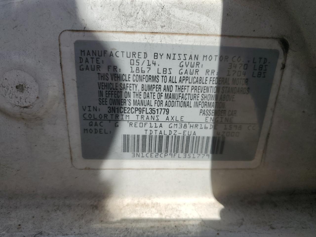 2015 Nissan Versa Note S VIN: 3N1CE2CP9FL351779 Lot: 57448455