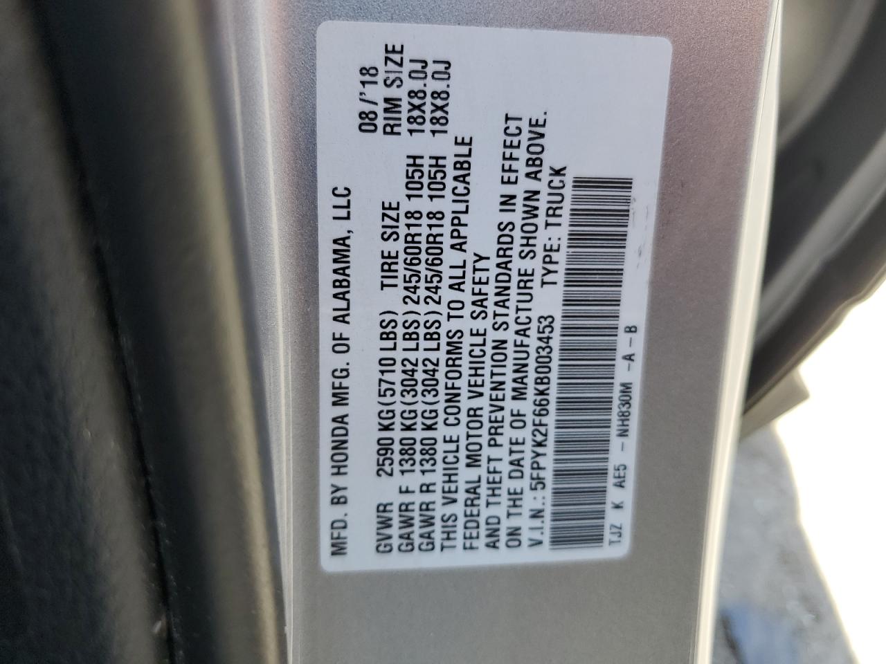 2019 Honda Ridgeline Rtl VIN: 5FPYK2F66KB003453 Lot: 57133825
