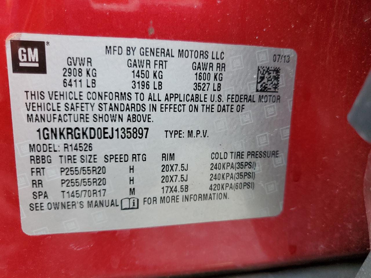 2014 Chevrolet Traverse Lt VIN: 1GNKRGKD0EJ135897 Lot: 58226985