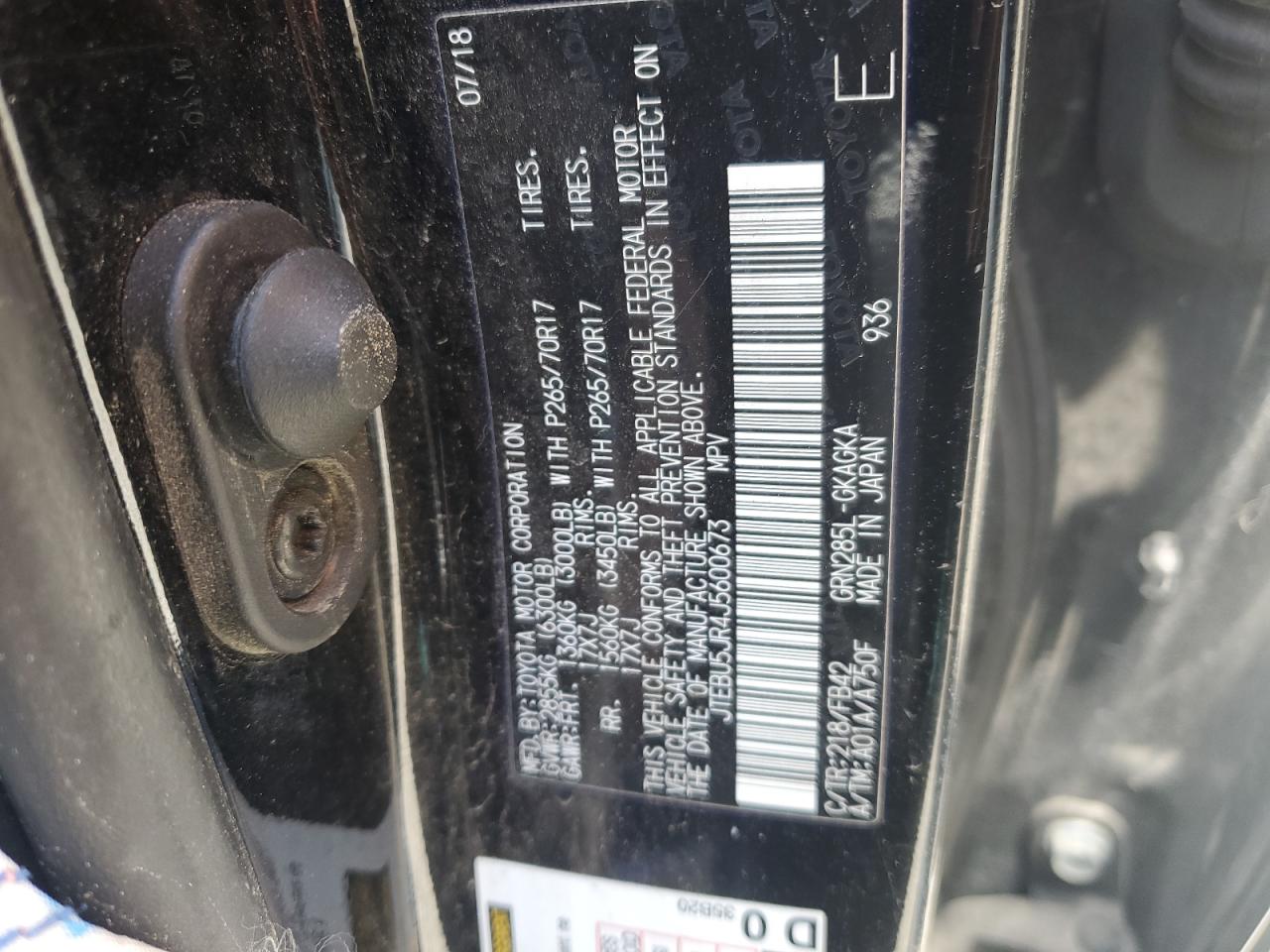 2018 Toyota 4Runner Sr5/Sr5 Premium VIN: JTEBU5JR4J5600673 Lot: 58370765
