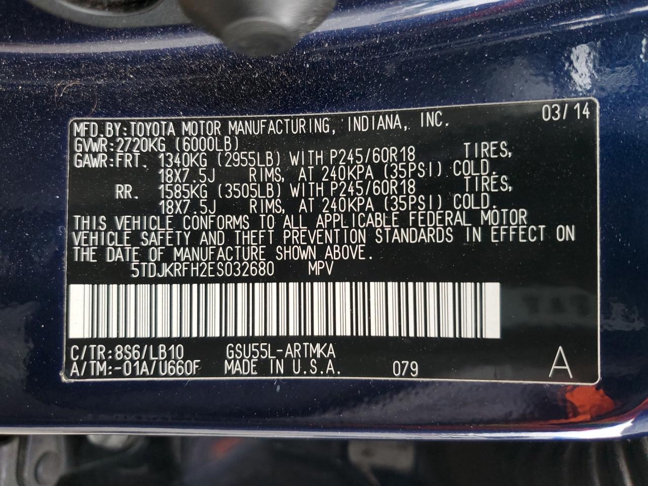 2014 Toyota Highlander Xle VIN: 5TDJKRFH2ES032680 Lot: 57284945
