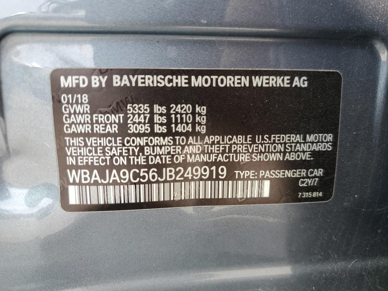 2018 BMW 530E VIN: WBAJA9C56JB249919 Lot: 52748125