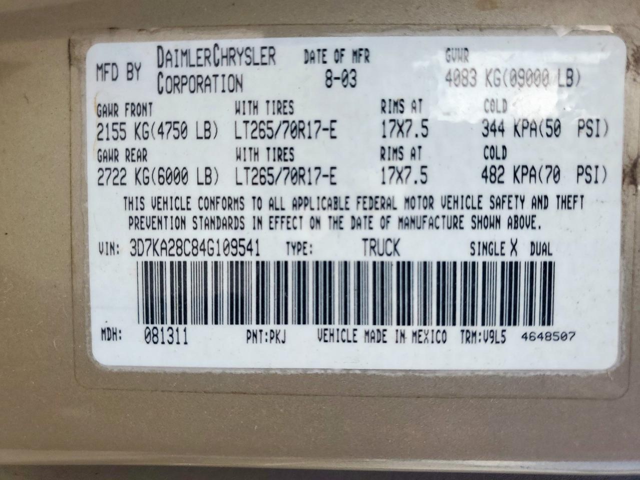 2004 Dodge Ram 2500 St VIN: 3D7KA28C84G109541 Lot: 58441635