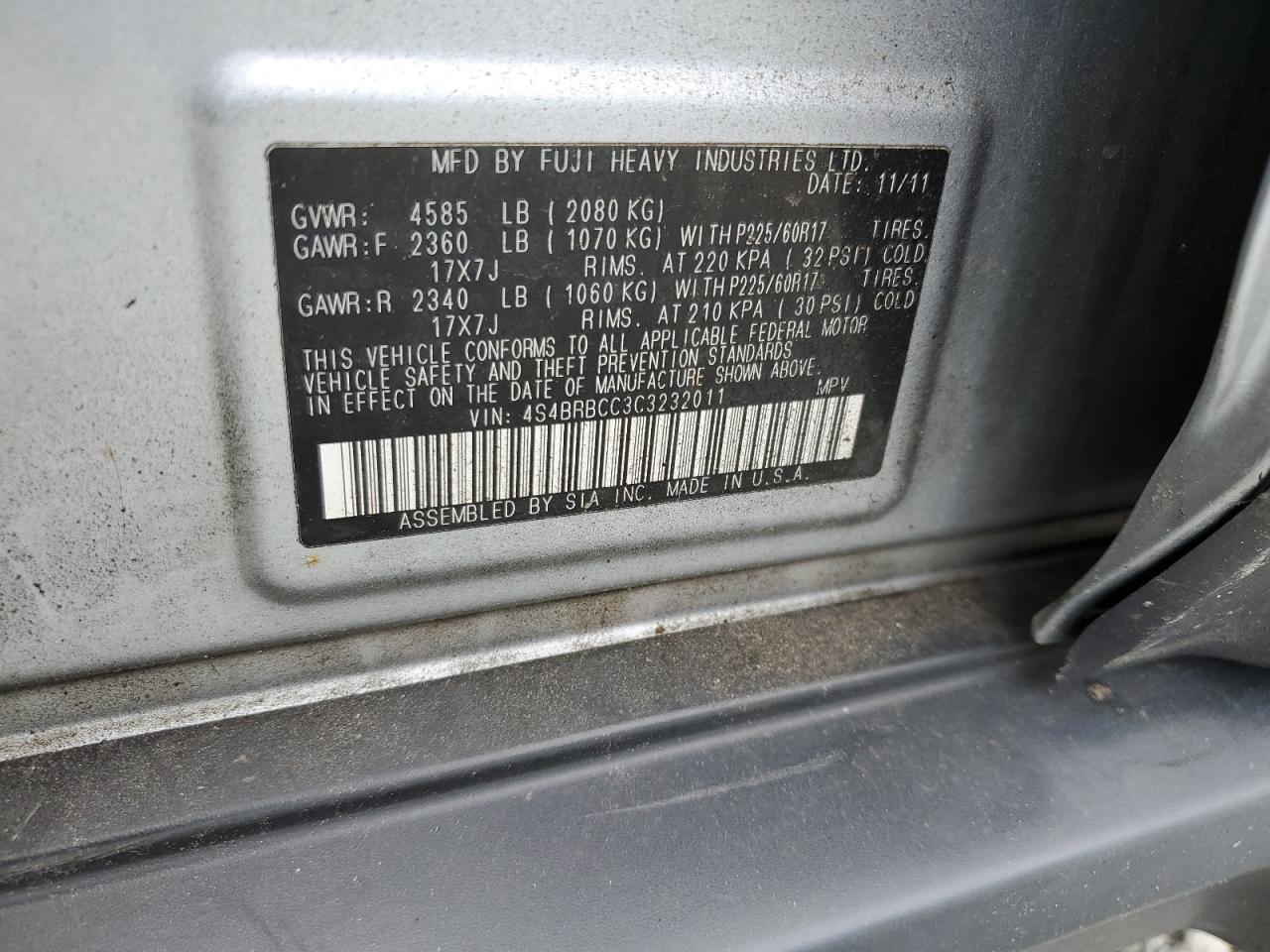 2012 Subaru Outback 2.5I Premium VIN: 4S4BRBCC3C3232011 Lot: 56347045