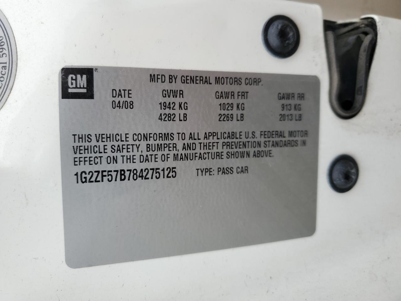 2008 Pontiac G6 Value Leader VIN: 1G2ZF57B784275125 Lot: 56873785