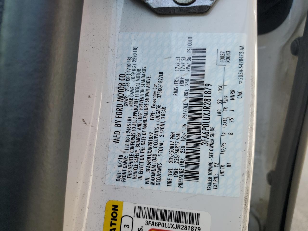 2018 Ford Fusion Se Hybrid VIN: 3FA6P0LUXJR281879 Lot: 54042495