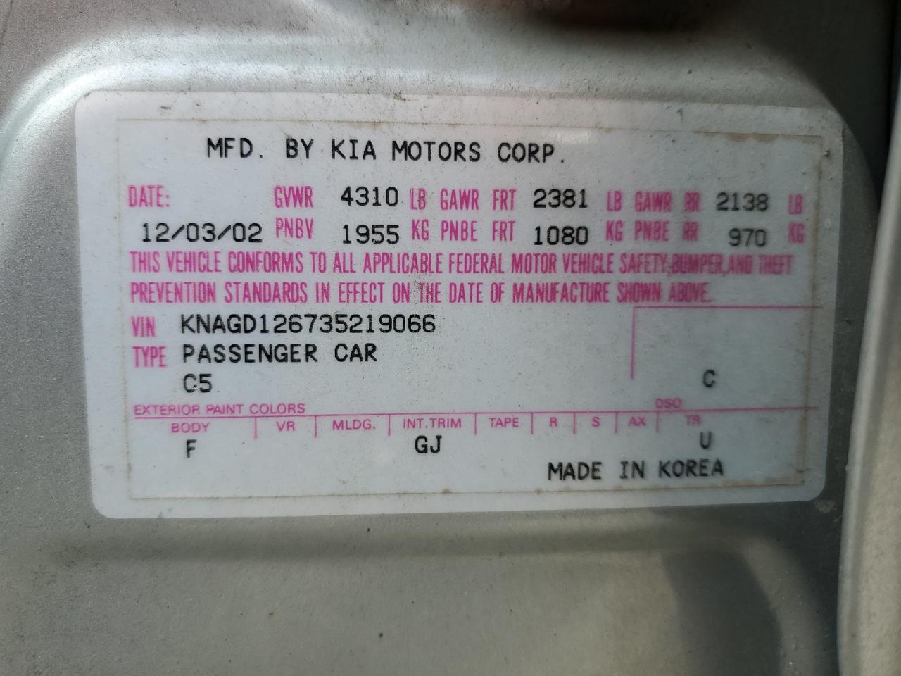 2003 Kia Optima Lx VIN: KNAGD126735219066 Lot: 56987745