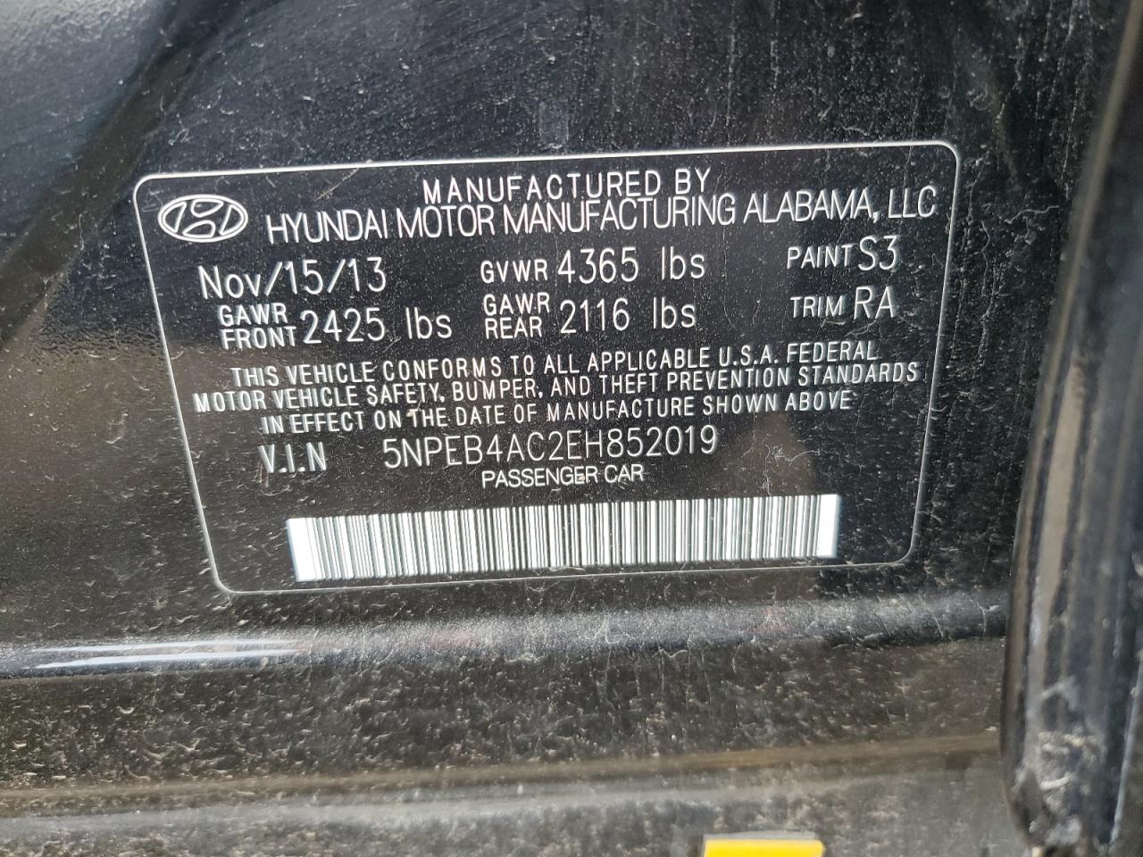 2014 Hyundai Sonata Gls VIN: 5NPEB4AC2EH852019 Lot: 56962875