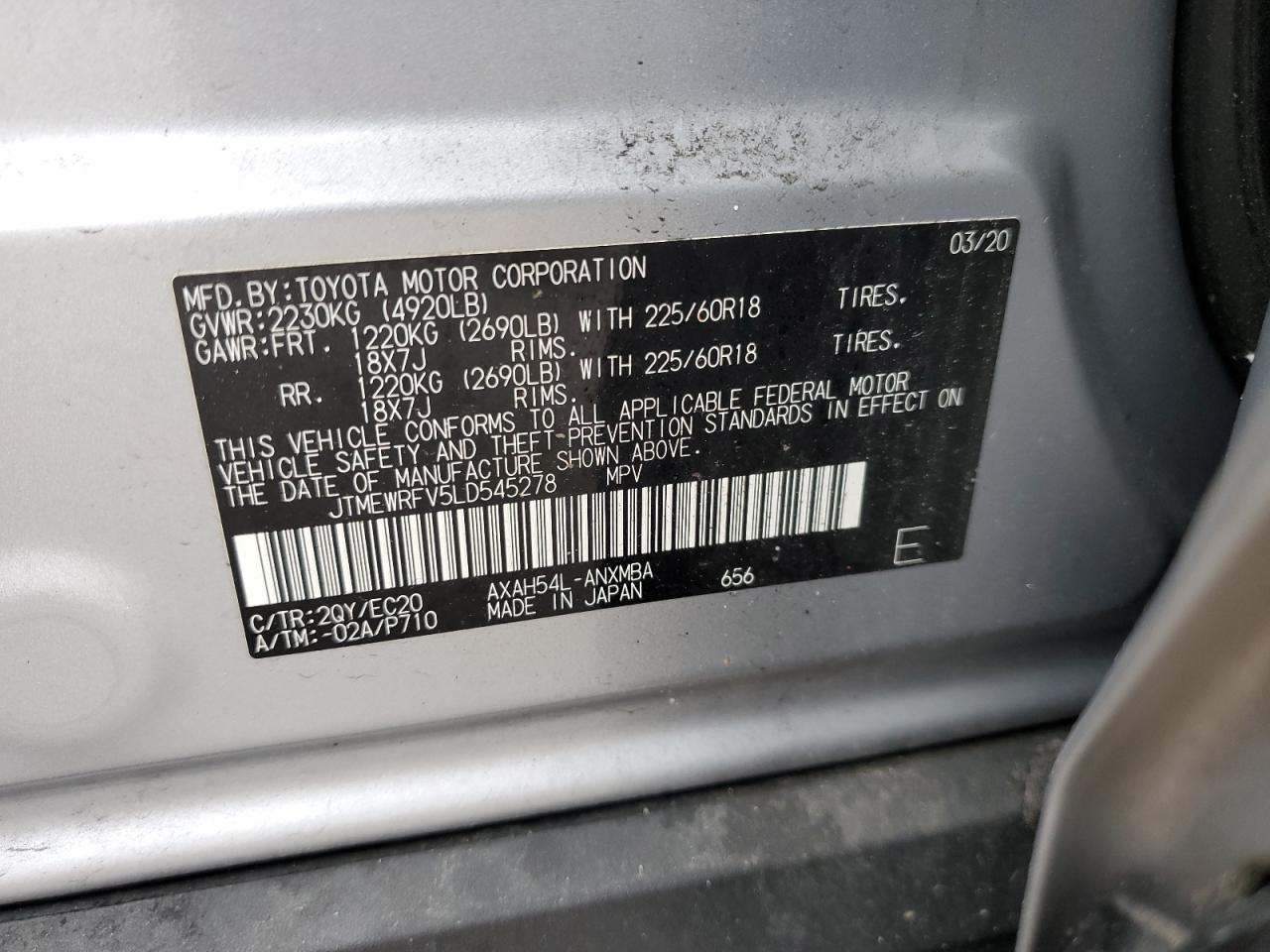 2020 Toyota Rav4 Xse VIN: JTMEWRFV5LD545278 Lot: 58513515