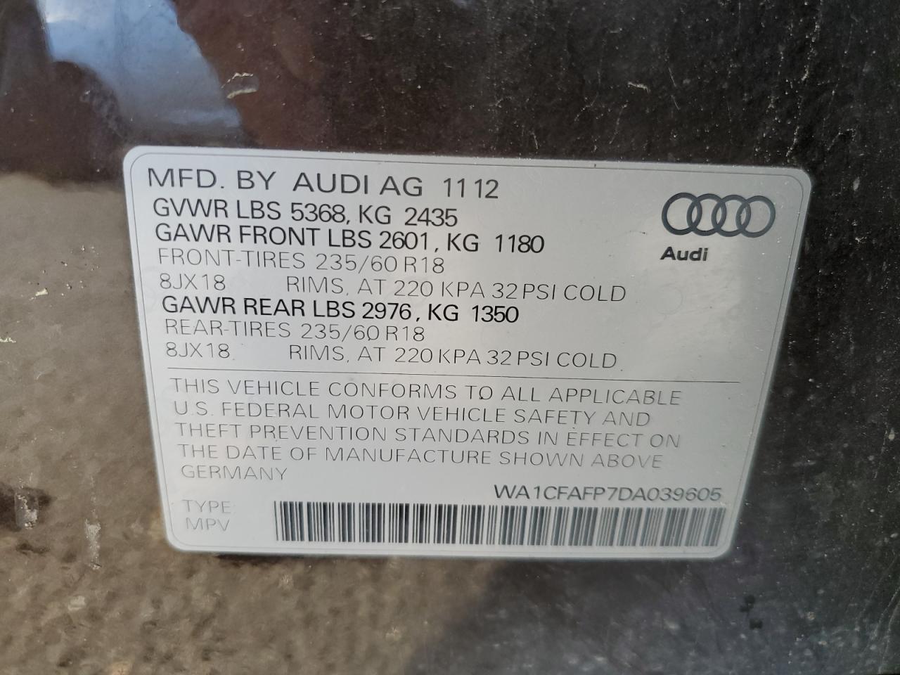 2013 Audi Q5 Premium VIN: WA1CFAFP7DA039605 Lot: 57348975