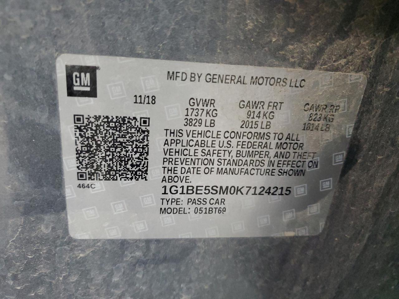 2019 Chevrolet Cruze Lt VIN: 1G1BE5SM0K7124215 Lot: 57278295