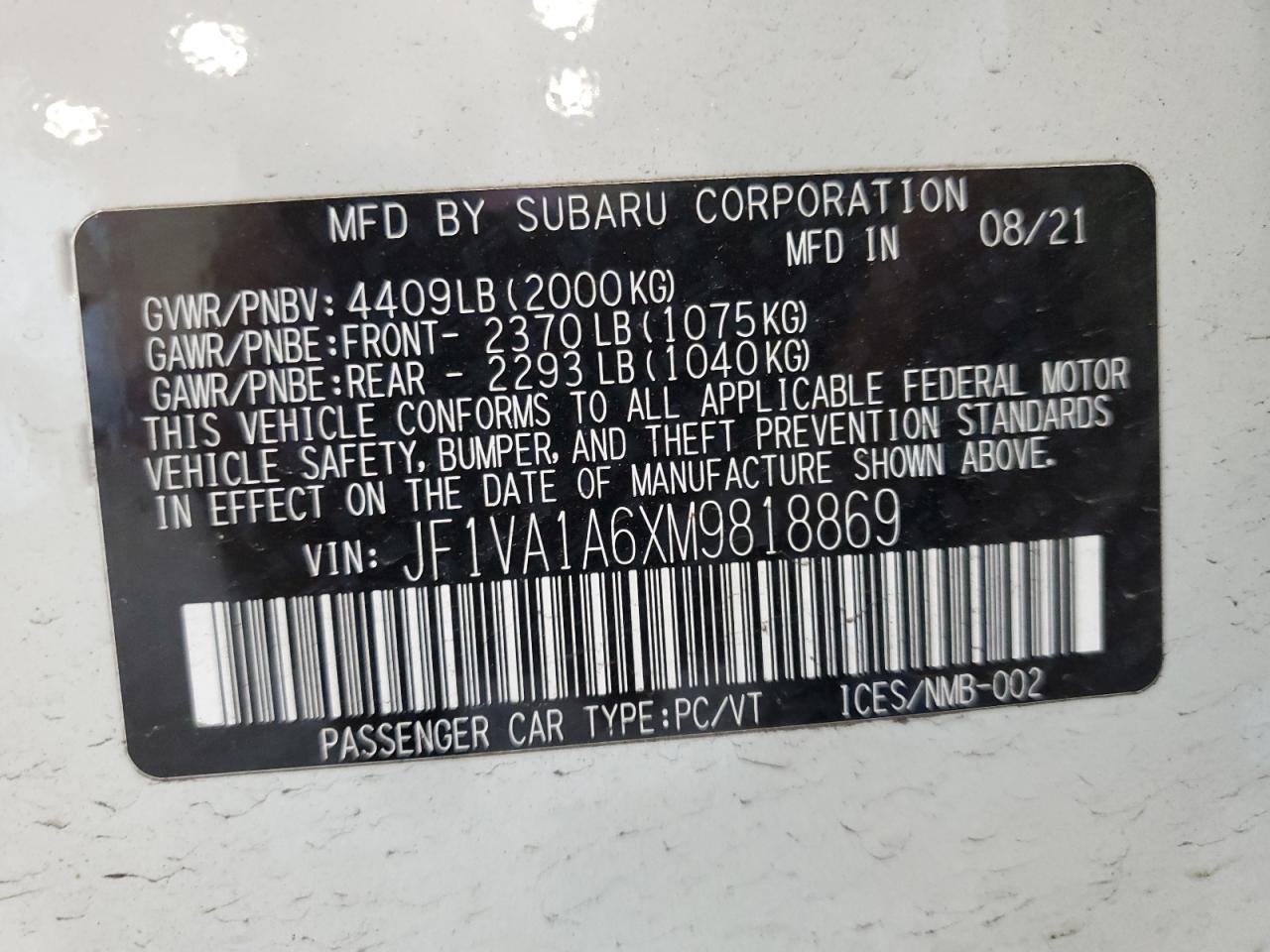 2021 Subaru Wrx VIN: JF1VA1A6XM9818869 Lot: 55393895