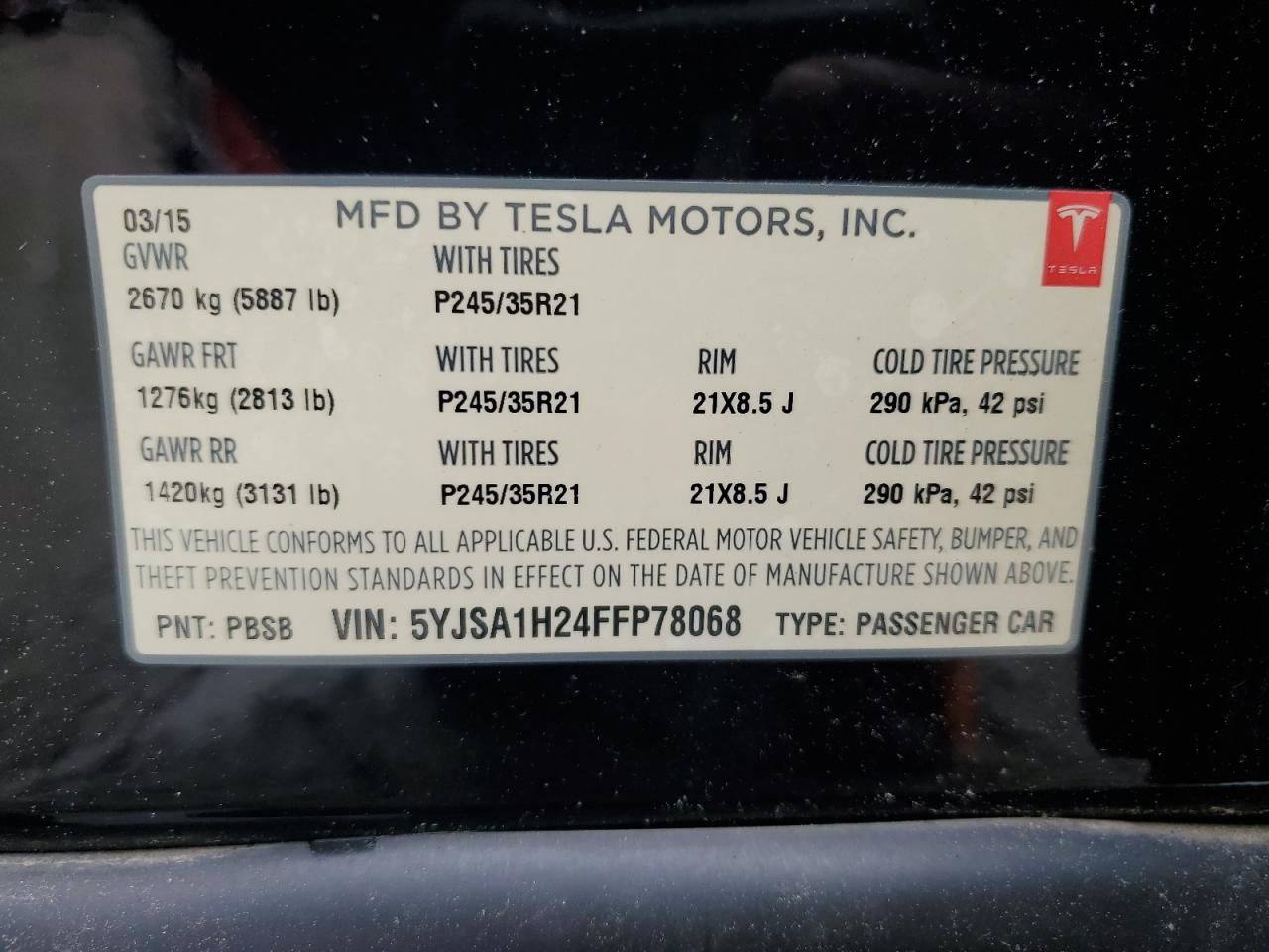 2015 Tesla Model S 85D VIN: 5YJSA1H24FFP78068 Lot: 57055275