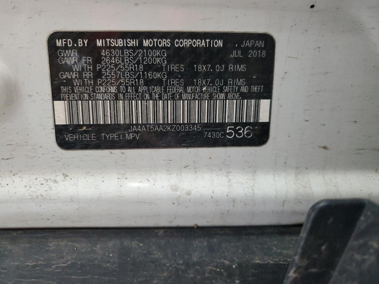 2019 Mitsubishi Eclipse Cross Se VIN: JA4AT5AA2KZ003345 Lot: 55803495