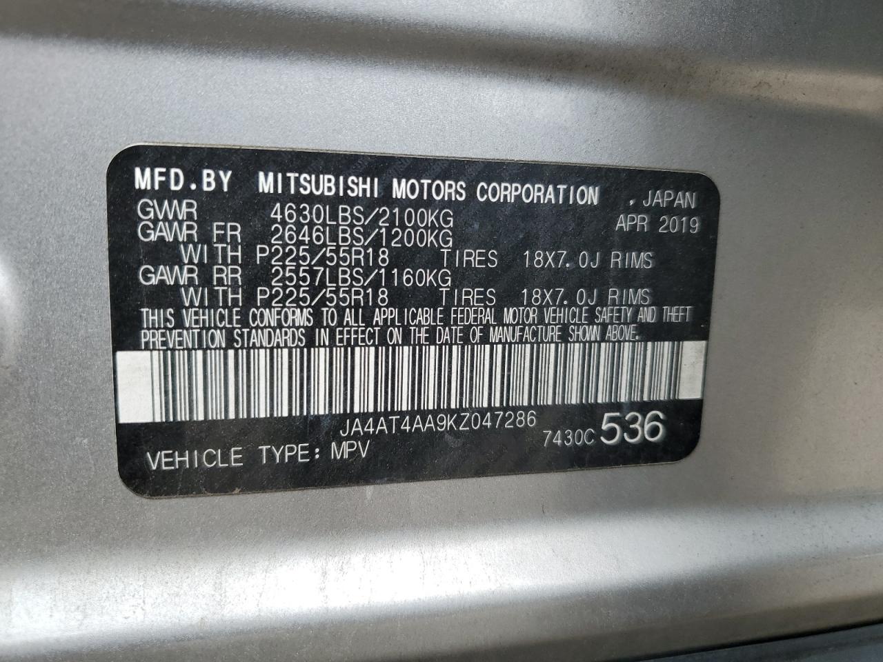 2019 Mitsubishi Eclipse Cross Le VIN: JA4AT4AA9KZ047286 Lot: 56408985