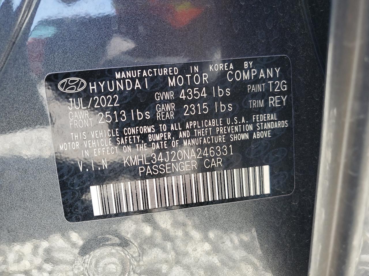 2022 Hyundai Sonata Limited VIN: KMHL34J20NA246331 Lot: 56850275