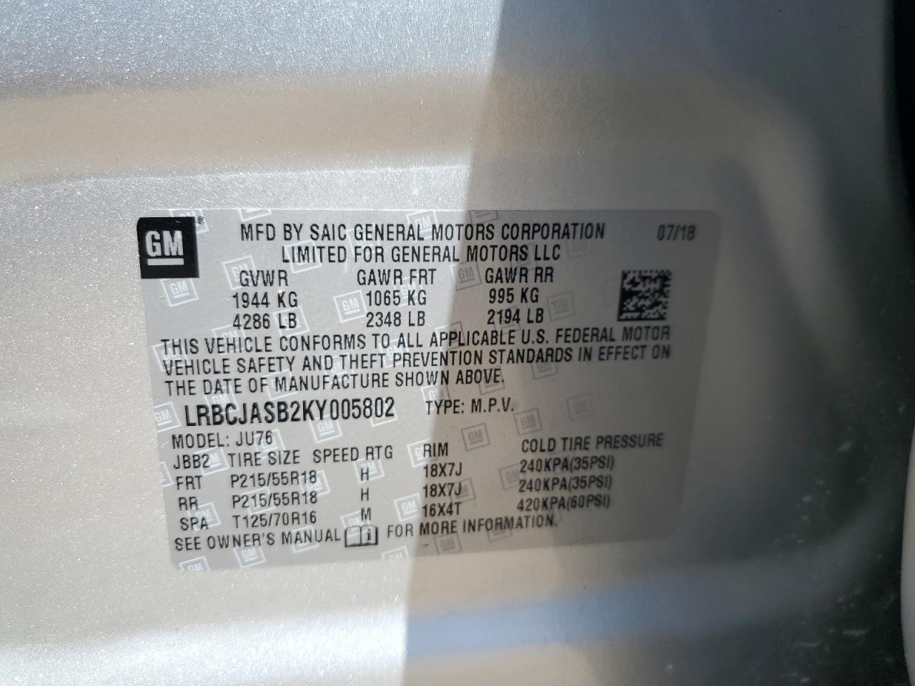 2019 Buick Encore Preferred VIN: LRBCJASB2KY005802 Lot: 57047835
