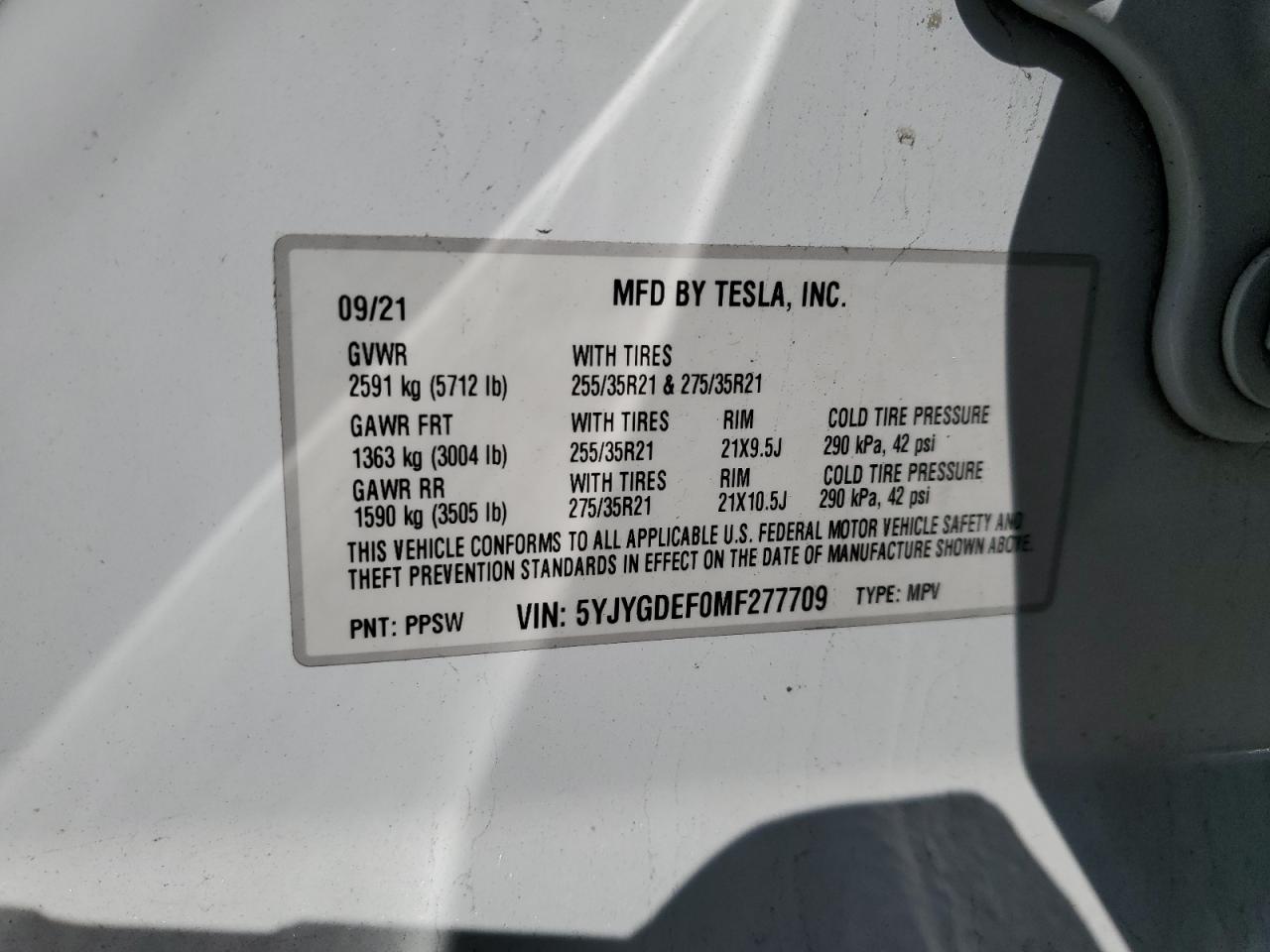 2021 Tesla Model Y VIN: 5YJYGDEF0MF277709 Lot: 56768635