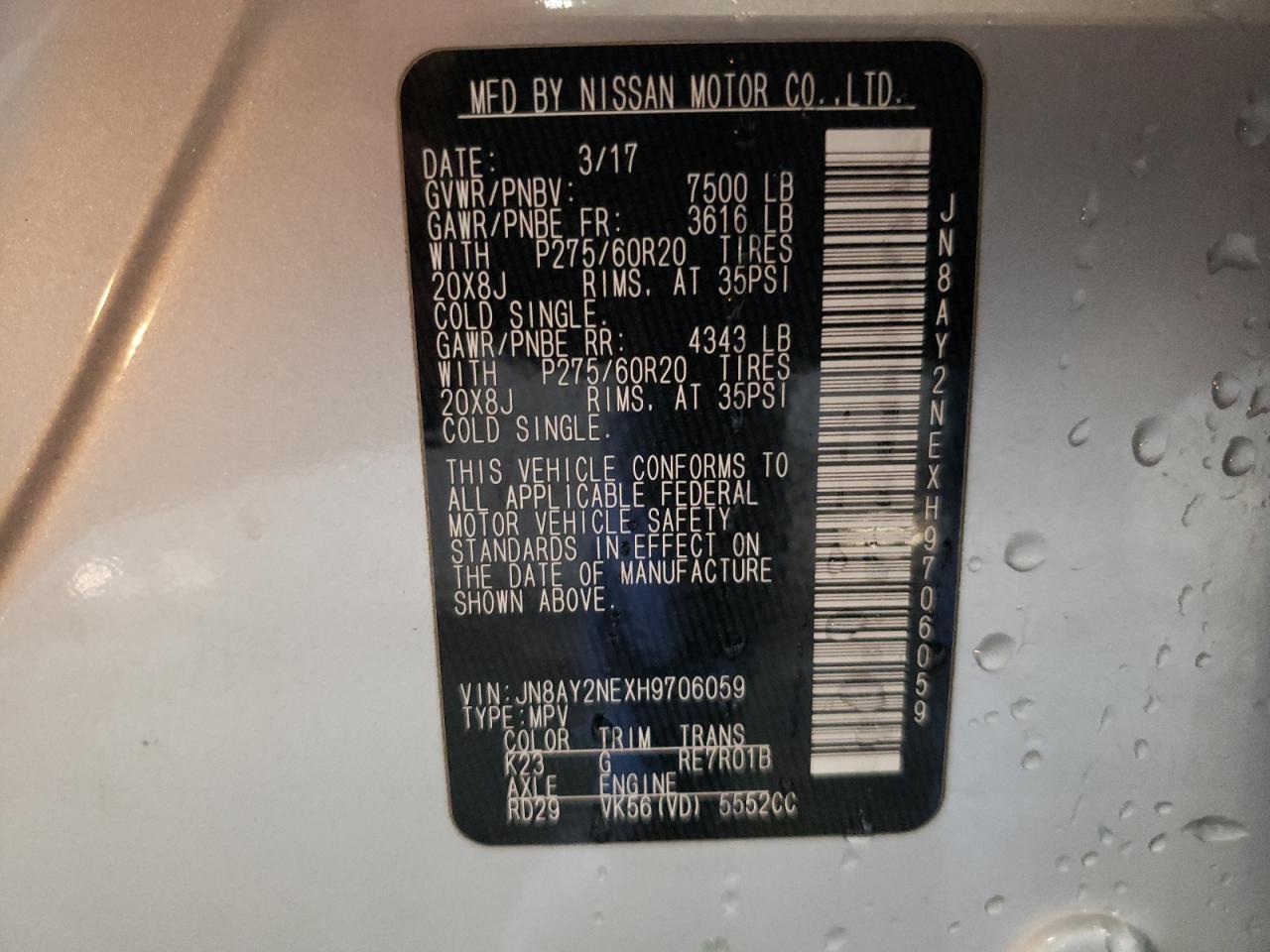 2017 Nissan Armada Platinum VIN: JN8AY2NEXH9706059 Lot: 57123855