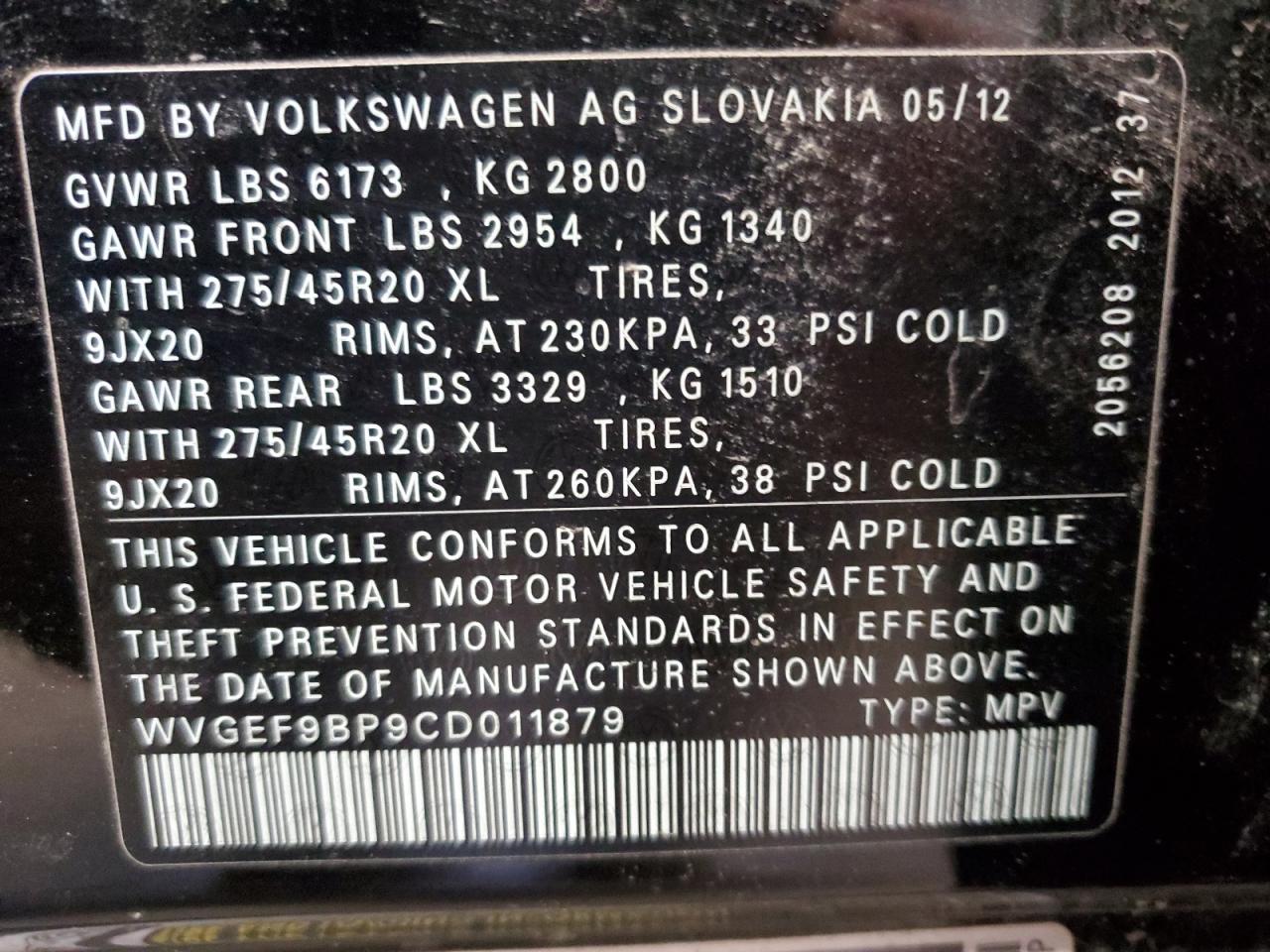 2012 Volkswagen Touareg V6 VIN: WVGEF9BP9CD011879 Lot: 56903035