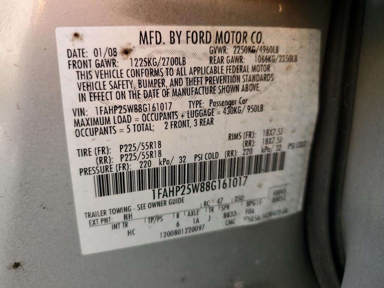 2008 Ford Taurus Limited VIN: 1FAHP25W88G161017 Lot: 54935225