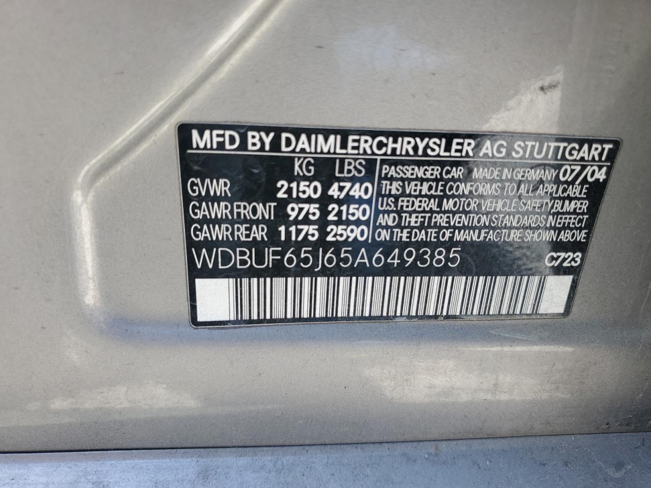 2005 Mercedes-Benz E 320 VIN: WDBUF65J65A649385 Lot: 56427365